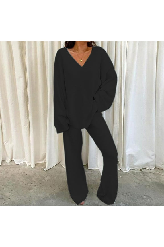 Womens 2 Piece Outfits Casual Shaker Fleece Long Sleeve V Neck Pullover Tops Wide Leg Pants Lounge Set Comfy Soft Pajama Sets Tracksuits 2024