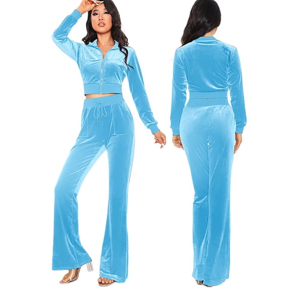 qolati Womens 2 Piece Outfits Velvet Sweatsuit Set Long Sleeve Zip Up Hoodie Crop Top Wide Leg Pants Tracksuit Y2k High Waist Sweatpants Lounge Sets with Pockets