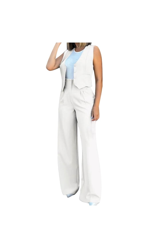 Womens Blazer Set Sleeveless V Neck Vest Tops Waistcoat and Wide Leg Long Pants 2 Piece Pants Suit 2024 Business Work Casual Matching Set
