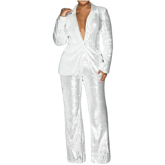 Clearance under $25 qolati Womens Sequin Two Piece Outfits Business Pants Set Notch Lapel Slim Fit Formal Suits Tuxedo Blazer Jacket Sparkly Dress Suit Set