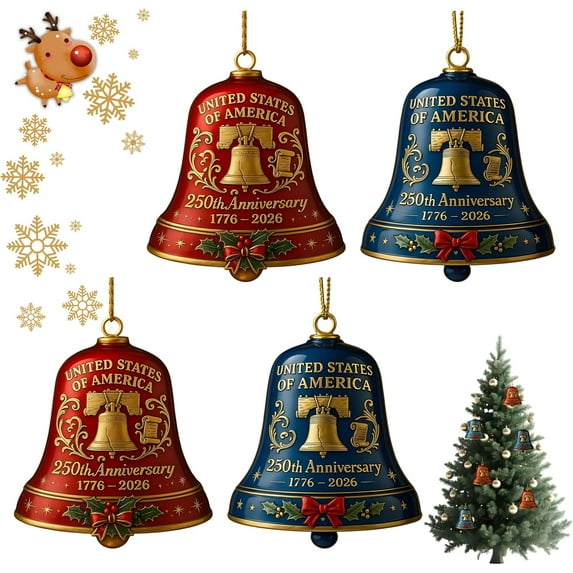 250th Anniversary American Patriot Bell Ornament- Handmade Vintage-Style Metal Hanging Ornament for Christmas Tree & Home Decor, 1776-2026 Collectible Gift for Veterans Lovers,4PCS