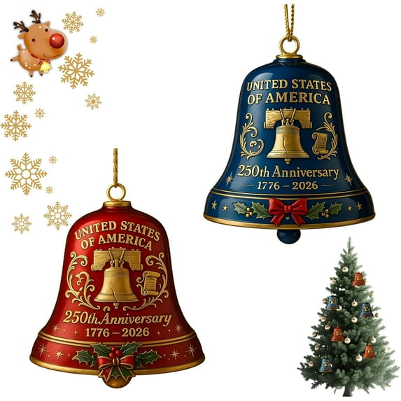 250th Anniversary American Patriot Bell Ornament- Handmade Vintage-Style Metal Hanging Ornament for Christmas Tree & Home Decor, 1776-2026 Collectible Gift for Veterans Lovers,2PCS