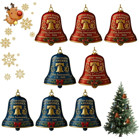 250th Anniversary American Patriot Bell Ornament- Handmade Vintage-Style Metal Hanging Ornament for Christmas Tree & Home Decor, 1776-2026 Collectible Gift for Veterans Lovers,8PCS