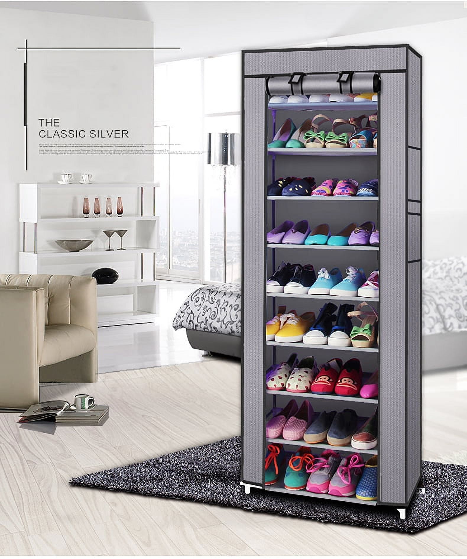 Calmootey 9 Tier Shoe Rack Organizer,Portable Shoe Shelf with Nonwoven  Fabric Cover for Closet Hallway,Bedroom,Entryway,Grey