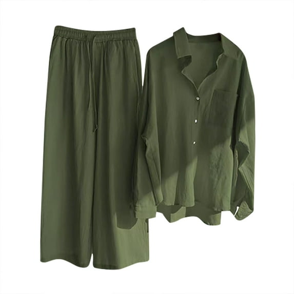 Clearance 2PC Outfit Cotton Linen Long Sleeve Button Up V Neck Lapel Solid Shirts with Wide Leg Loose Pants Women's Plus S-5XL