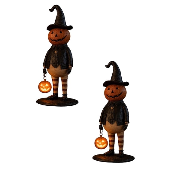 Clearance! 2Pcs Pumpkin Witch Lantern Figurine, Spooky Whimsy Halloween Home Decor, Spook Pumpkin Lamp, Vintage Gothic Resin Statue, Glowing Hat Staff Wizard, Scary Handpainted Figure Gift 7.9"