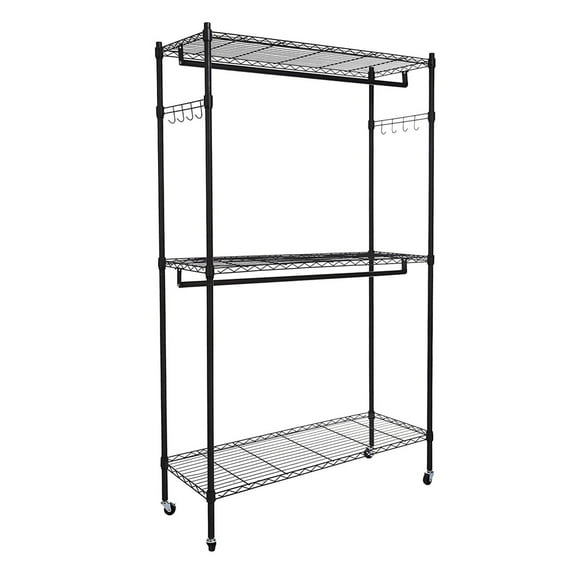Clearance! 2Tier Rod Closet Organizer Garment Rack Clothes Storage Hanger Shelf Hooks Black