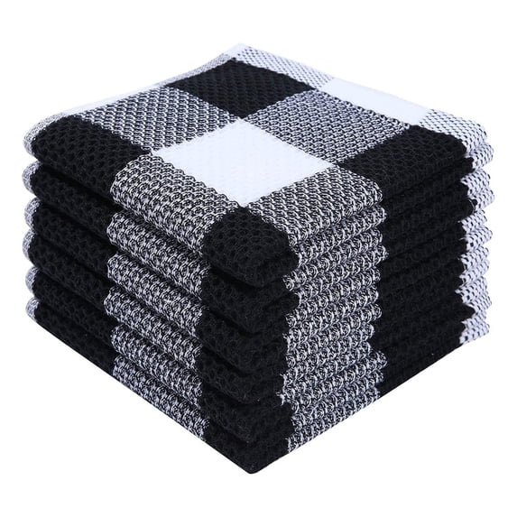 Clearance Under $3, 1 Pack Cotton Dishcloth, Absorbent Kitchen Rag, Thick Waffle Weave Washcloth for Cleaning and Heavy Duty Stain Removal, Reusable Towel, One Size(Black & White)