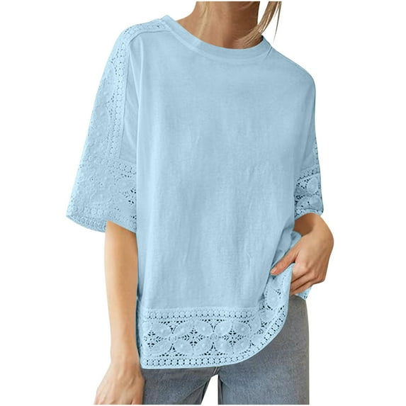 3/4 Sleeve Shirts for Women Women's Short Sleeve Lace Top Short Sleeve Blouse Everyday T Shirts Women Loose Fit