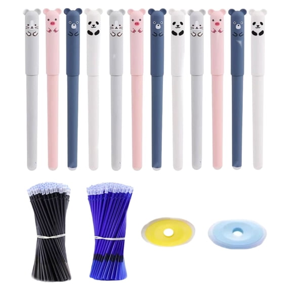 Clearance Under $3.5! 1 Set of 12 Erasable Rolling Ball Pens with Cute Bear Design, 24 Refills & 2 Erasers, 0.5mm Fine Point Retractable Pens, Smooth Writing Refillable Kit