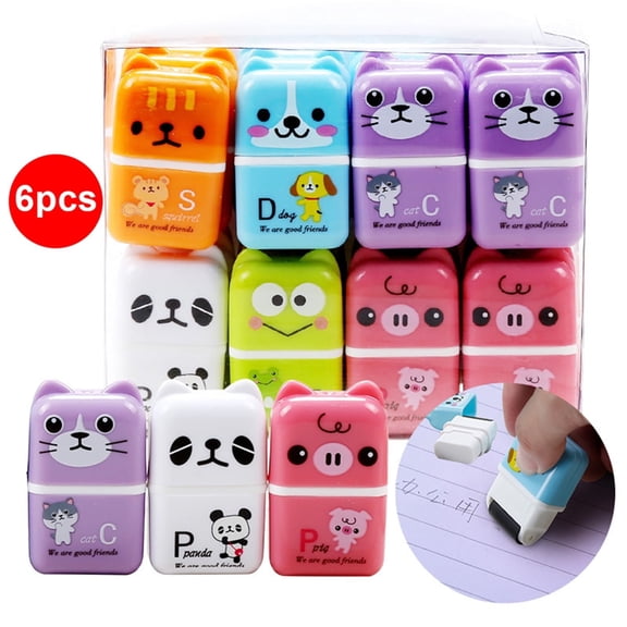 Clearance Under $3, 6 Pack Novelty Animal Erasers, Cute Roller Eraser Set, Fun Pencil Erasers with Debris Collector for Art & Office Supplies, Plastic, One Size(Clear)