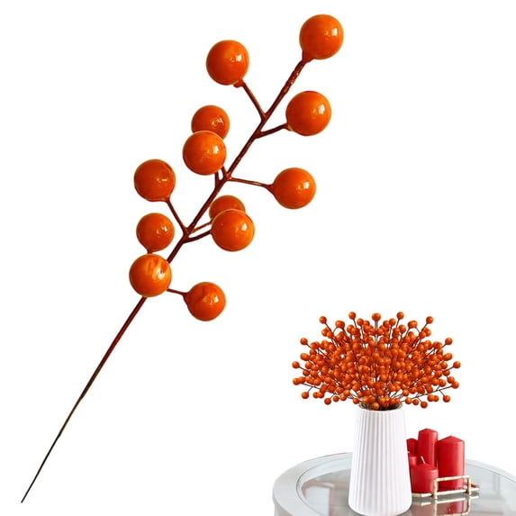 Clearance Under $3 Artificial Berry Picks for Christmas DIY – 10.6 Inch Decorative Berry Branches with 12 Orange Berries for Wreaths, Garlands, Centerpieces & Holiday Crafting, Orange, 10-Pack