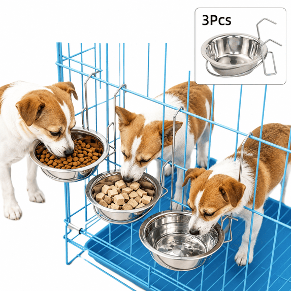 Clearance! 3 Pcs Stainless Steel Hanging Pet Bowls, Non Spill Deep Crate Food Water Feeders, Cage Bowl Set for Dogs Cats
