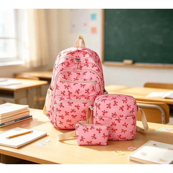 Clearance!!!3 Piece Bow Print Backpack Set, Lightweight Adjustable Straps Lightweight, Nylon Multi Compartment Bookbag, Cute Aesthetic Laptop Daypack for Back to School Travel Daily Use