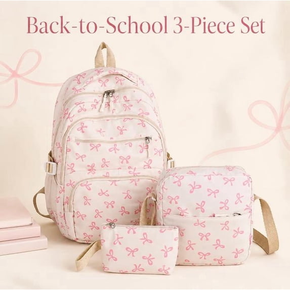 Clearance!!!3 Piece Bow Print Backpack Set, Lightweight Adjustable Straps Lightweight, Nylon Multi Compartment Bookbag, Cute Aesthetic Laptop Daypack for Back to School Travel Daily Use