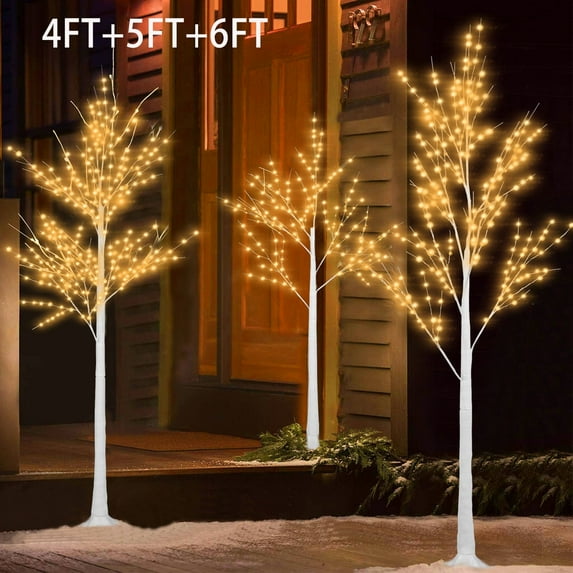 Clearance 3 Pieces Lighted Birch Tree, 4ft 5ft 6ft Prelit Artificial Christmas Tree with Stand for Indoor Outdoor, White