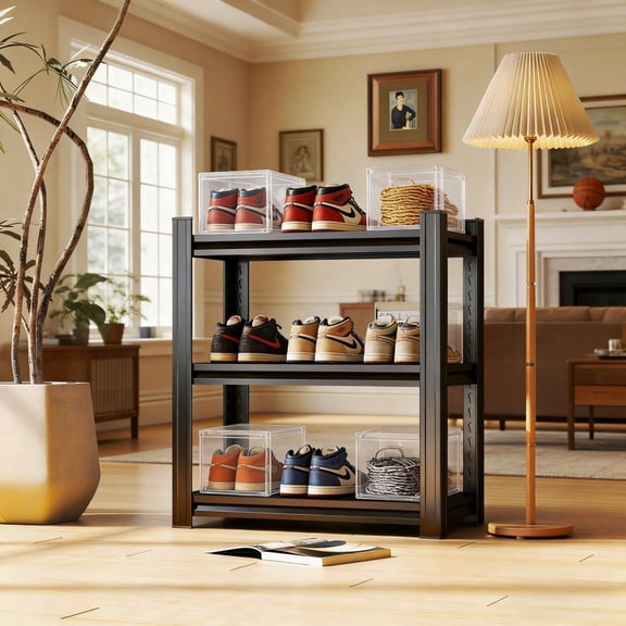 Clearance! 3 Tier 32"H 28"W 14"D Heavy Duty Shoe Storage Shelving, Dual Columns Adjustable Thickened Waterproof for Shoe Rack Entryway Closet Under Desk