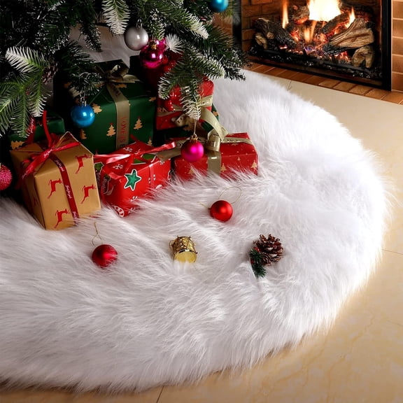 Clearance 30 Inch Faux Fur Christmas Tree Skirt White Plush Skirt for Merry Christmas Party Christmas Tree Decoration