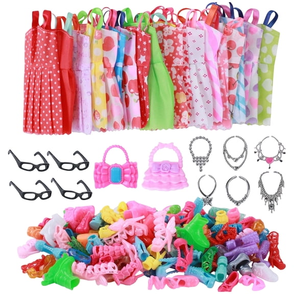 Clearance! 32 Barbi Doll Accessories=10 Pcs Doll Clothes Dress+4 Glasses+6 Necklace+2 Handbag+10 Pairs Shoes For Barbie Doll