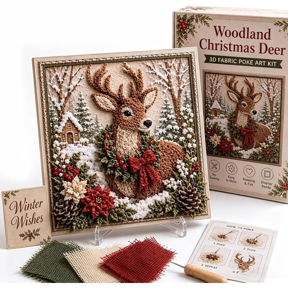 Clearance 3D Christmas Fabric Poke Art Kit, Handmade Fabric Poke Art Kit, Vintage Holiday Handmade Decoration,DIY Christmas Craft Kit for Adults & Beginner -Deer