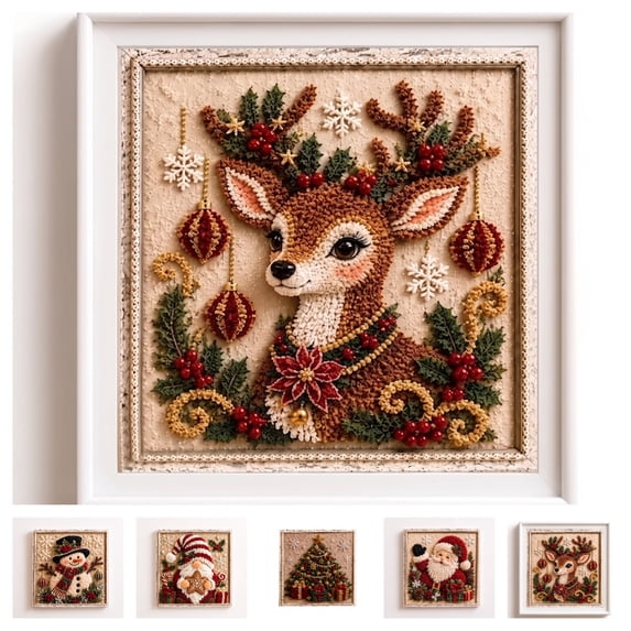 Clearance! 3D Christmas Fabric Poke Art Kit, Handmade Fabric Poke Art Kit, Vintage Holiday Handmade Decoration, DIY Christmas Craft Kit for Adults & Beginner, Reindeer