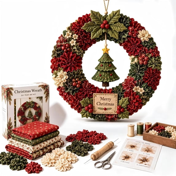 Clearance! 3D Fabric Poke Wreath DIY Kit, 14" Christmas Wreath DIY Kit for Adults, Beginner-Friendly Holiday Wreath Making Kit & Door Decor (Tree)