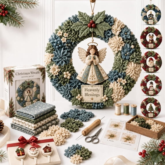 Clearance!! 3D Fabric Poke Wreath DIY Kit, Christmas No‑Sew Wreath Craft Kit for Adults Beginners, Holiday Fabric Art Wreath Making Set for Door, Entryway, Wall & Home Decor