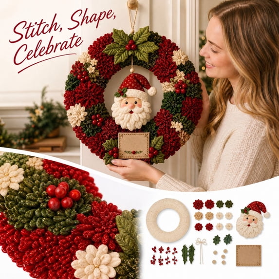 Clearance! 3D Fabric Poke Wreath DIY Kit, Christmas Wreath DIY Kit for Adults, Fabric Poke Art Kits for Beginner