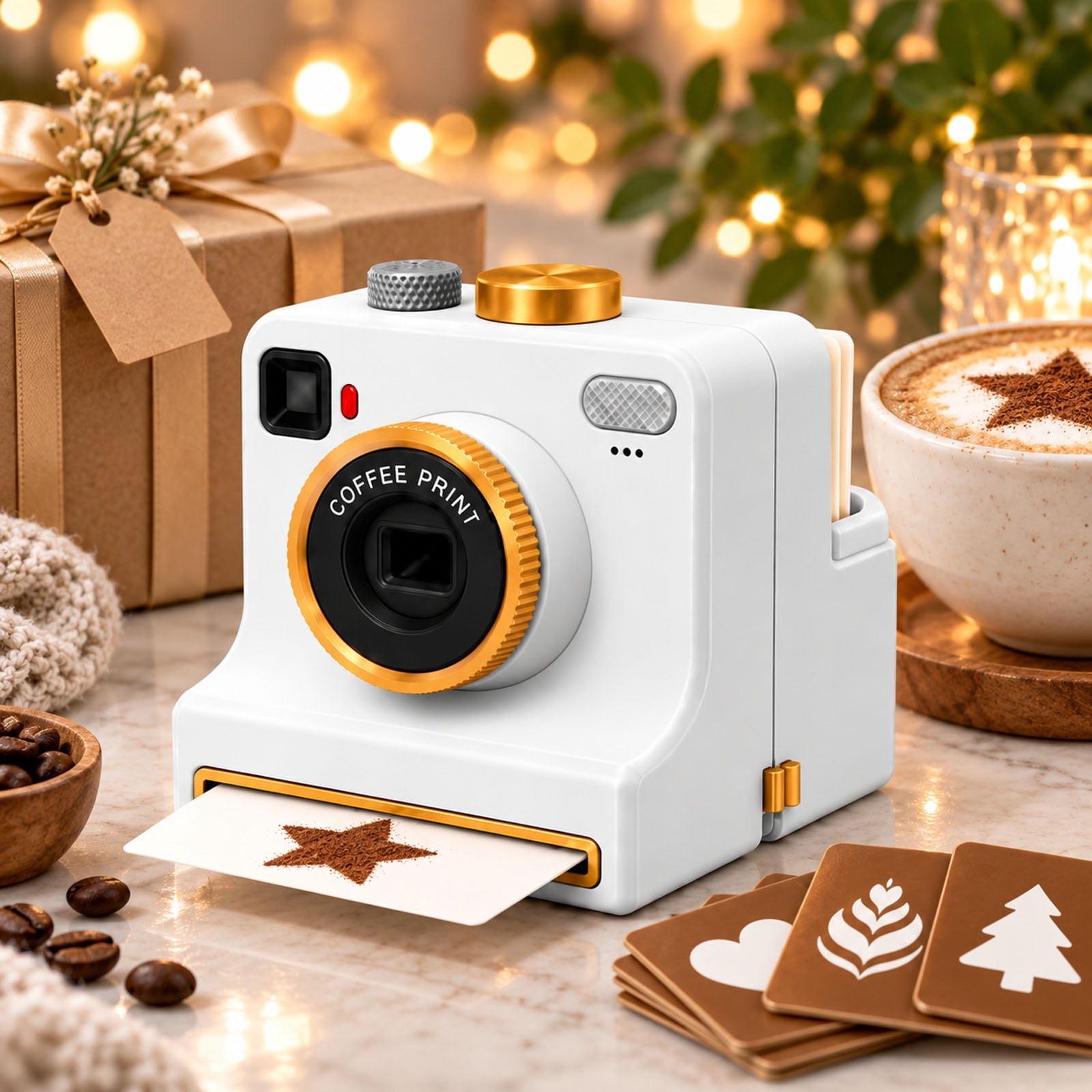 Latte art camera tool with stencil cards and a finished decorative coffee