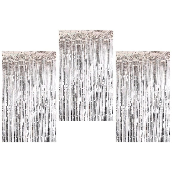 Clearance! 3Pcs Silver Metallic Foil Fringe Curtains 3.28Ft X 6.56Ft Silver Photo Booth Streamer Curtain Ideal For Birthday Christmas New Year Party Decorations