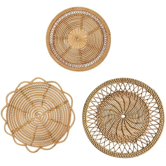 Clearance!!3pcs Hanging Woven Wall Basket-Handmade Natural Round Wicker Basket Wall Decor,Boho Styled Seagrass Wall Baskets Decor,Hanging Woven Wall Basket for Living Dining Room Kitchen Bedroom Wall