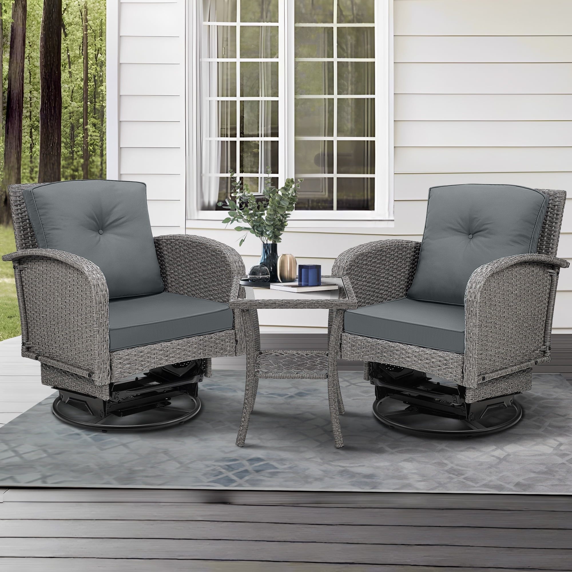 3pcs Patio Furniture Set on Sale, Rattan Outdoor Conversation Set of 2, Patio Bistro Set w/ 360° Swivel Rocking Chairs & Table, Gray Thickened Cushions