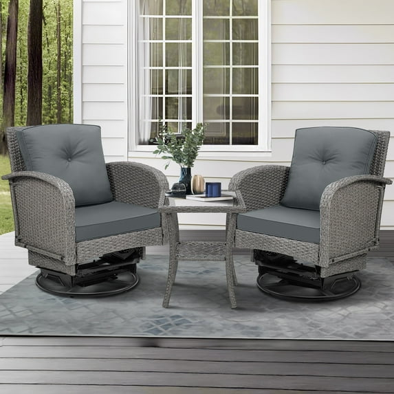 3pcs Patio Furniture Set on Sale, Rattan Outdoor Conversation Set of 2, Patio Bistro Set w/ 360° Swivel Rocking Chairs & Table, Gray Thickened Cushions