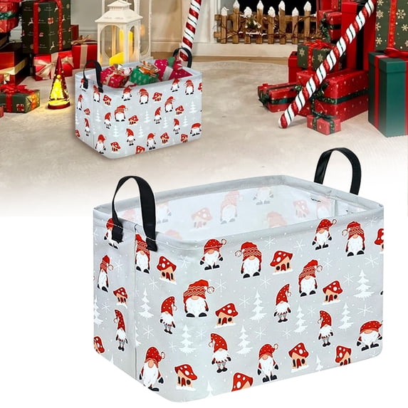Clearance Under $4 Christmas Gnome Print Foldable Storage Basket – Rectangular Holiday Organizer with Handle for Toys, Snacks, Clutter & Seasonal Decor, Set of 3