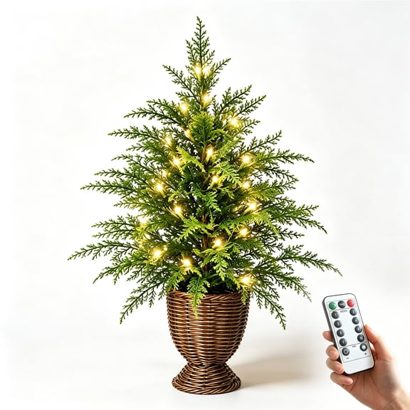 Clearance 4 FT Green Cypress Artificial Christmas Tree Warm Yellow LED Lights Mini Tabletop Xmas Tree in Plastic Basket Base Indoor Holiday Decoration