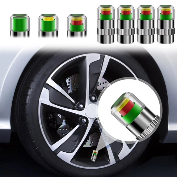 4-PCS Car Tire Pressure Monitor Caps - 3-Color LED Alert for PSI Check, Stainless Steel Waterproof Valves for Cars/Bikes, Driving Safety Accessories with 36PSI Capacity