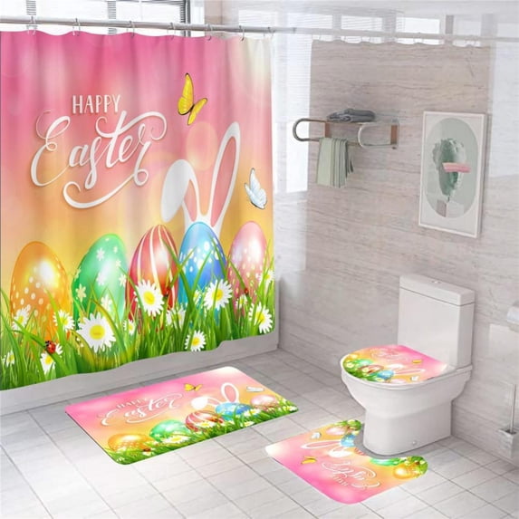 Clearance!4 Pcs Easter Shower Curtain Set,Shower Curtain with Waterproof Non-Slip Rug,Toilet Lid Cover and Bath Mat,Happy Easter Shower Curtain Sets for Bathroom