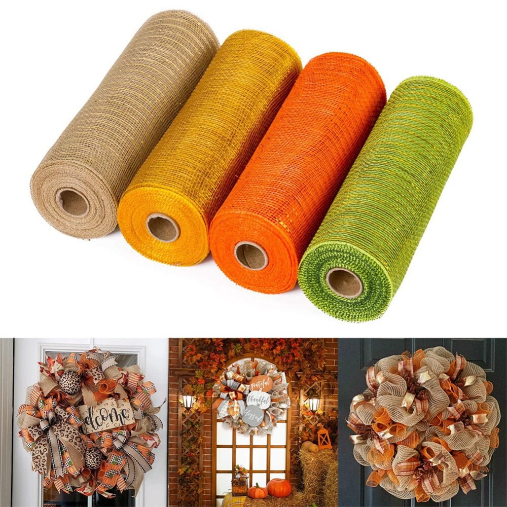 Clearance 4 Rolls Poly Burlap Deco Mesh 10 inch Wide Decorative Ribbon Wrapping Home Door Wreath Decoration DIY Crafts Making, Size: 30', Multicolor