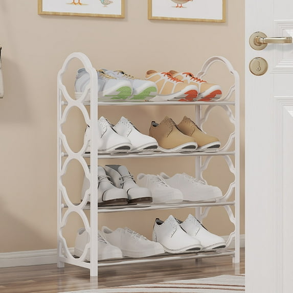 4-Tier Shoe Rack Expandable, Width Adjustable Shoe Shelf Storage Organizer, 22'' Metal Standing Shoe Rack for Bedroom Entryway Closet, Holds up to 24 Pairs Shoes(White)
