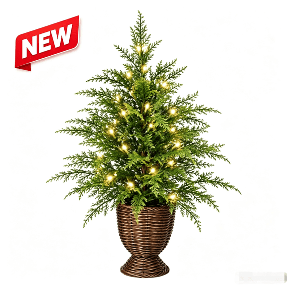 Clearance 4FT Pre-Lit Artificial Cypress Christmas Tree with Woven Basket, Flame Retardant Green Xmas Tree for Indoor Decor