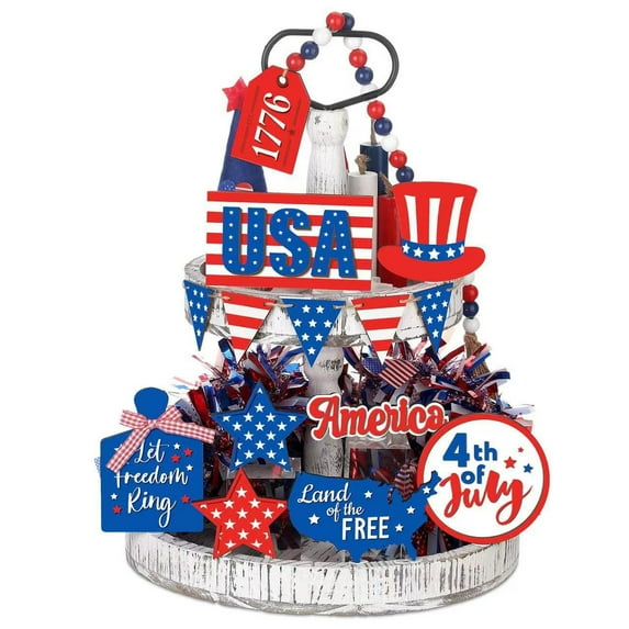 Hvmvliv 4th of July Decorations 4th of July Decorations 15Pcs Patriotic Tiered Tray Decor Wooden USA Sign Set Freestanding Wood Blocks Memorial Day Table Decor for Independence Day Multicolor