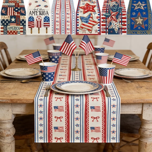 Clearance! 4th of July Patriotic Table Runner, 72x13 Inch Linen Red White Blue Decorative Table Linen for Independence Day Dining Party Home Decor （C）