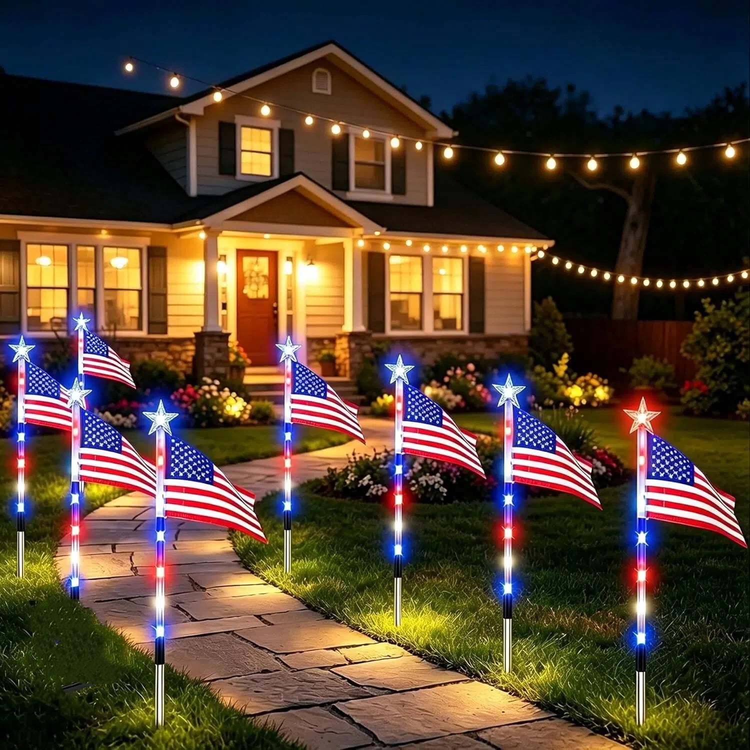 Clearance! 4th of July Solar USA Flag Lights Outdoor, 4th of July Decorations Outdoor, Waterproof Solar Ameriacan Flag Patriotic Lights for Yard, Garden, Pathway, Independence Day Gift for Women Men