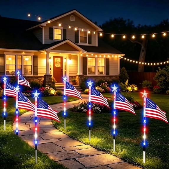 Clearance! 4th of July Solar USA Flag Lights Outdoor, 4th of July Decorations Outdoor, Waterproof Solar Ameriacan Flag Patriotic Lights for Yard, Garden, Pathway, Independence Day Gift for Women Men