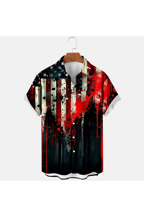 Black*Friday Discounted Items under $5 GaThRRgYP Independence Day Tee Shirt Mens,Men's Printing Button Casual Short Sleeve Turndown Collar Blouse Shirt Multicolor XL