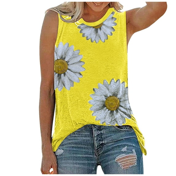 LEAVINGSUO Womens Tank Tops Summer Women Summer Tops Daisy Print Sleeveless Tank T-Shirts Graphic Blouse Yellow XL