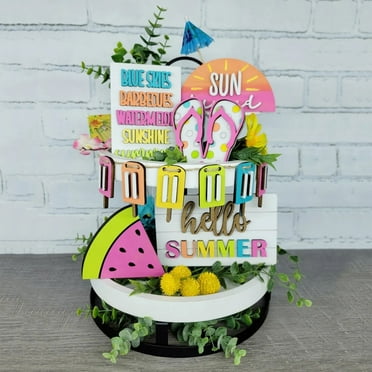 Clearance under $5 1Set of Summer Tier Tray Decor Summer Decor Summer Time Hello Summer Hierarchical Tray Decorative Set Summer Wooden Logo Rural Farmhouse Decorative Wooden Kitchen Hierarchical Tray