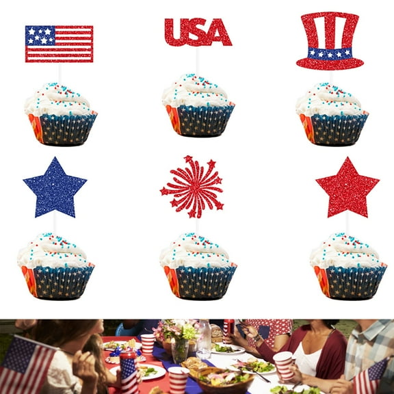 Clearance Under $5 American Flag Patriotic Cupcake Toppers 4th of July Double Sides Glitter Star Cupcake Toppers Cake Toppers Picks Independence Day Cupcake Party Decorations Supplies Favors