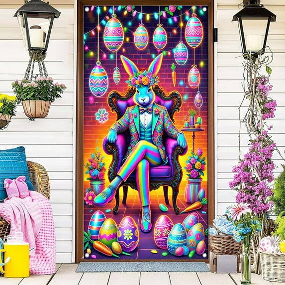 Clearance Under $5 Boovnll Easter Door Cover, 35x71" Easter Bunny & Eggs Banner, Large Colorful Fabric Easter Door Banner for Door, Window, Party Decor, Photography Backdrops, Easter Decorations