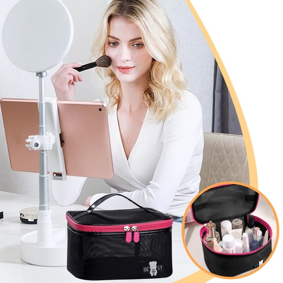 Clearance Under $5 Boovnll Makeup Bag, Large Capacity Stylish Portable Breathable Mesh Make Up Bag With Handle for Women Purse Cosmetics Toiletries Accessories Brushes, Travel Makeup Bag